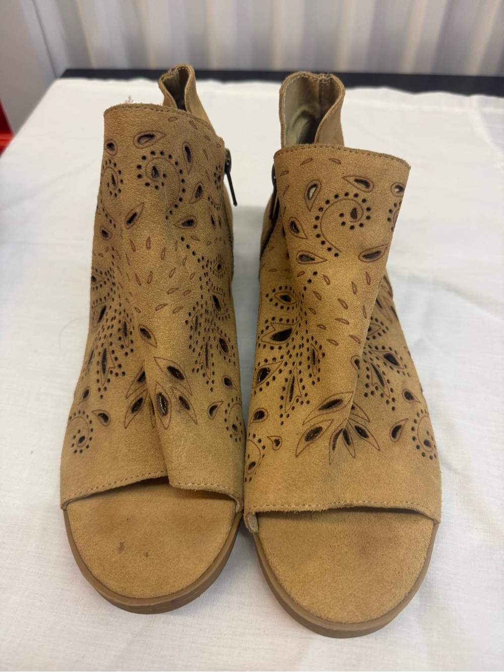 Coolway Tan Suede Peep-Toe Laser-Cut Ankle Mules